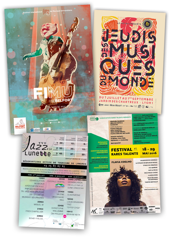 Les affiches des concerts de Ibrahim Keita : FIMU de Belfort, Les Jeudis des Musiques du Monde de Lyon, Festival Rares Talents de Monteuil, Jazz à la Lunette de Langres